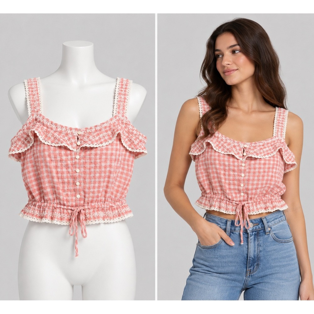 American Eagle Cami Top Women L Pink Gingham Plaid Ruffle Cottagecore Coquette